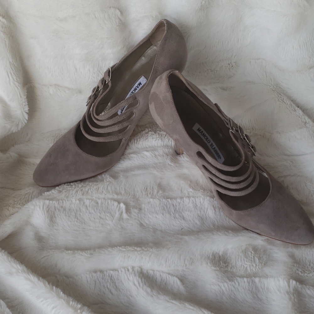 Manolo Blahnik Grey Multi Strap Suede 4" Pump